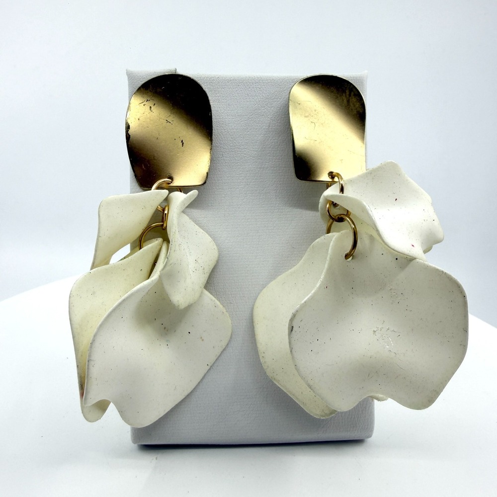 Gold Tone Boho Chic Statement Earrings with White Petal Dangles